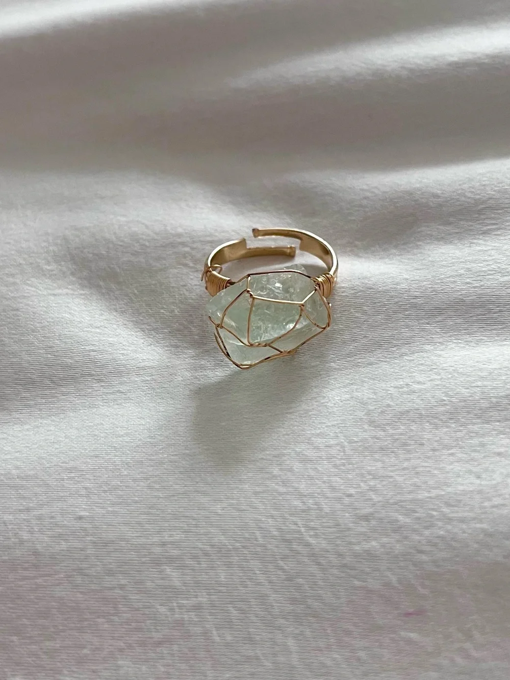 GREEN CALCITE raw cut wire wrapped natural stone adjustable gold tone ring NEW
